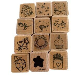 Wooden Rubber Stamp Set Flowers Sunflower Heart Bear Star Crafts Preowned